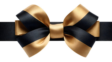 A stacked composition of two ribbons, a wide matte black ribbon with a shiny gold ribbon on top, tied in a bow, isolated on white background