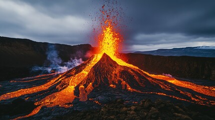 flung. Volcanic eruption at dusk with molten lava against a dark sky. ESG reports, sustainability campaigns, nonprofit outreach, designed for environmental awareness campaigns, used by clinicians.