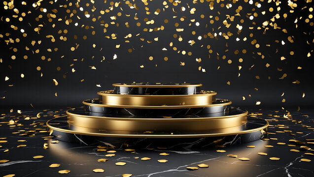 Luxurious black and gold winners podium stand with three steps, ranking product display mockup background