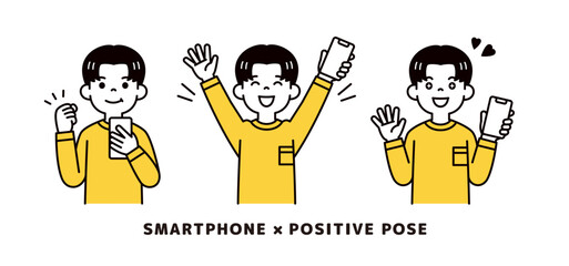 スマートフォンを手に、ポジティブな表情・ポーズをする若い男性のベクターイラスト素材セット
