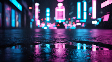 Cyberpunk city street at night with neon lights and rain reflections