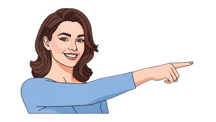 A smiling woman pointing to the right with a friendly gesture