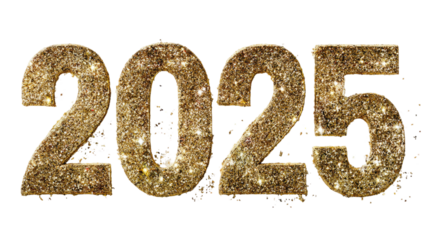 Golden glitter 2025 numbers sparkling luxury new year celebration typography festive holiday decoration isolated on white background