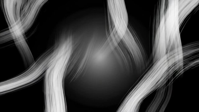 An abstract, monochromatic composition. It shows flowing, white brushstrokes overlapping and intertwining against a dark, undefined backdrop