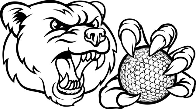 A bear angry animal sports mascot holding a golf ball