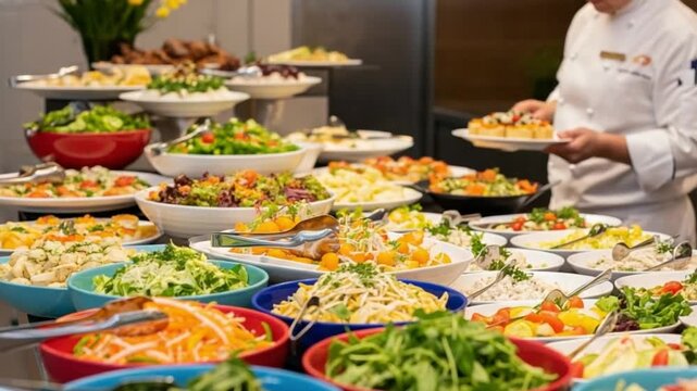 A chef serves a variety of colorful salads and dishes at a buffet table with many options