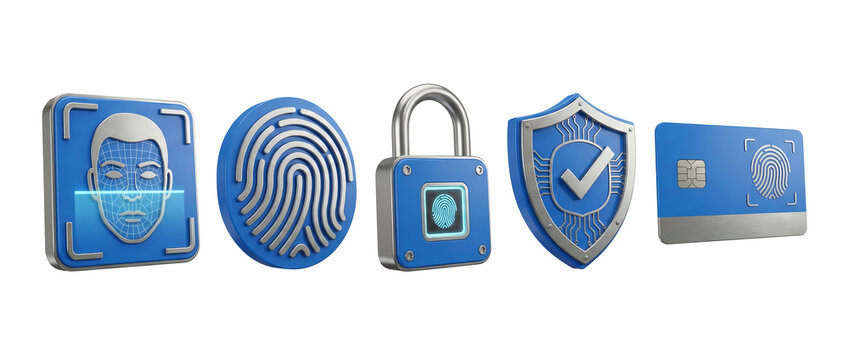 3D rendered icons representing digital security, biometric authentication, facial recognition, fingerprint scanning, data protection, and secure transactions. - Powered by Adobe