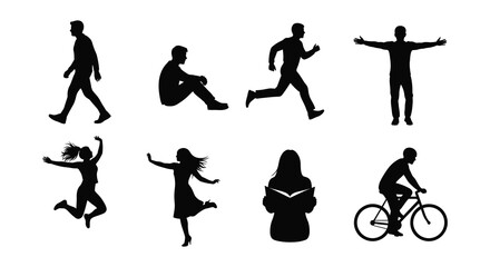 Diverse group of people in dynamic poses captured as a striking black silhouette