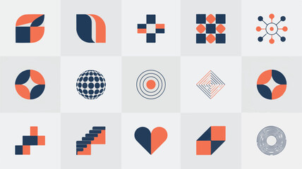 A professional icon set design featuring geometric shapes and abstract elements in a grid layout