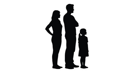 A family of three stands together presented as a striking black silhouette
