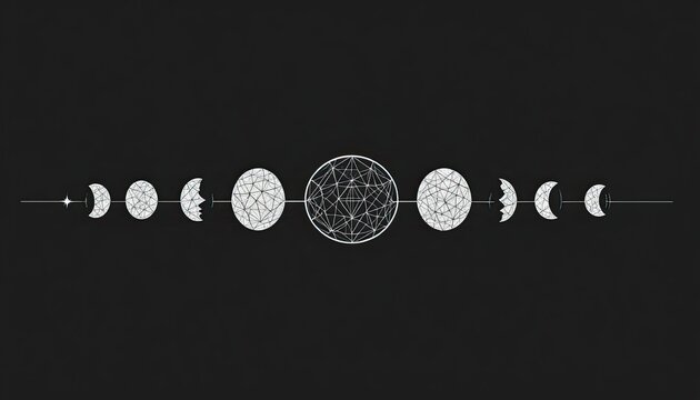 Geometric moon phases in white on black background with star