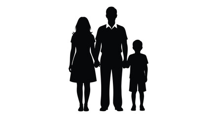 A family of three stands together holding hands depicted in a stark black silhouette