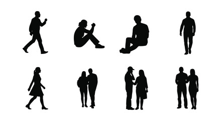 Diverse group of people in various poses represented as black shapes a striking silhouette