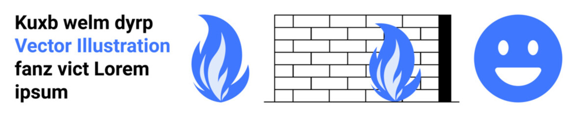 Fototapeta premium Cybersecurity, internet protection, data safety, software security, digital barriers, system monitoring. Brick wall with blue flame and a happy face. Cybersecurity and internet protection theme