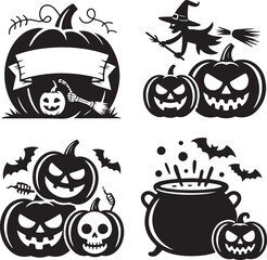 Halloween icons with pumpkins witch bats and cauldron on white