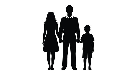 A family of three stands together holding hands presented as a striking black silhouette