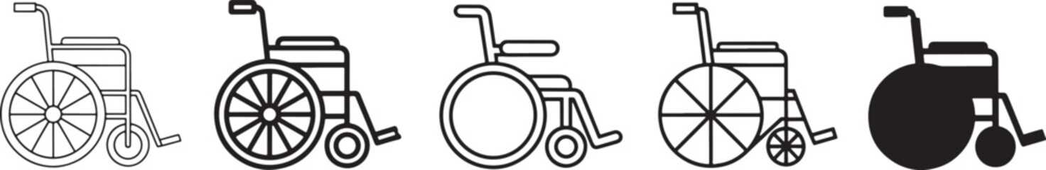 Wheelchair accessibility icon set in thin line bold rounded geometric and silhouette styles representing disability support mobility aid healthcare and inclusive design symbols