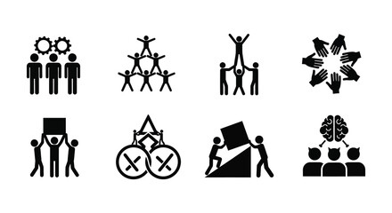 Diverse group support and teamwork icons showing collaboration unity and community strength silhouette