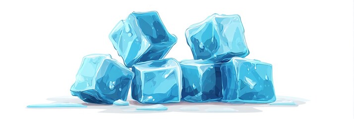 Clear frozen ice cubes with blue reflections are isolated on a white background, showing transparent solid square shapes with wet water drops and melting frost for a cool drink