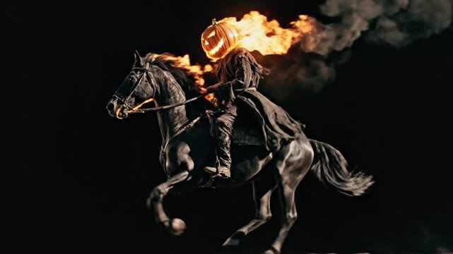 Dark armored rider charges atop a mighty horse, flaming torch aflame, stark silhouette, nightfalling