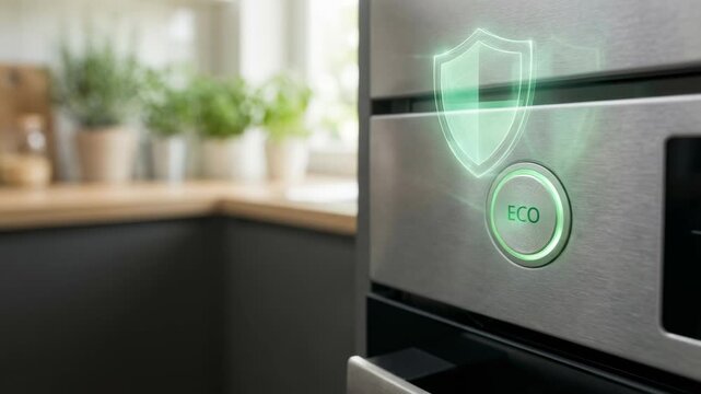 Eco button on modern kitchen oven appliance with finger pressing energy saving shield icon