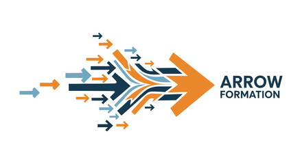 A dynamic arrangement of arrows converging into a larger orange arrow silhouette