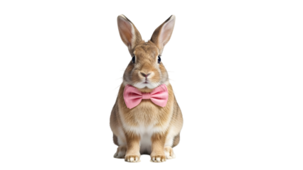 Brown rabbit isolated on transparent background with pink bow tie