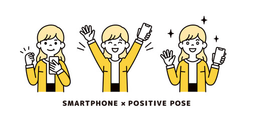 スマートフォンを手に、ポジティブな表情・ポーズをする女性・主婦のベクターイラスト素材セット