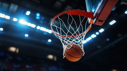 dunk. Basketball in mid-air against hoop net during sports action moment. event key visuals, club posters, designed for sports event promotions and stadium branding, used by fitness trainers.