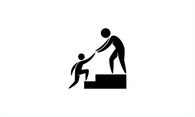 Vector illustration of a person helping another climb up steps. Silhouette icon representing mentorship, teamwork, support, business coaching, and partnership.