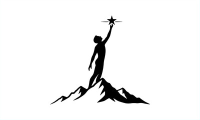 Vector illustration of a silhouette man standing on a mountain peak reaching for a shining star. Concept of success, ambition, achieving goals, and motivation.
