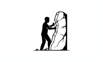 Vector illustration of a silhouette man pushing a large heavy boulder. Concept of hard work, struggle, perseverance, determination, and overcoming difficult obstacles.