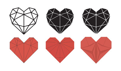Red Origami Heart Set. with Paper Fold and Peel Effect. Vector illustration eps 10
