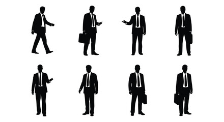 A collection of business professionals in various poses depicted as a stark silhouette