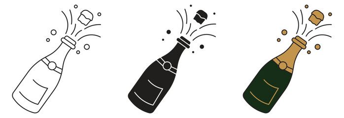 Trendy champagne bottle icon with cork bursting away. Vector trendy illustration for celebration, success, achievement and holiday parties.