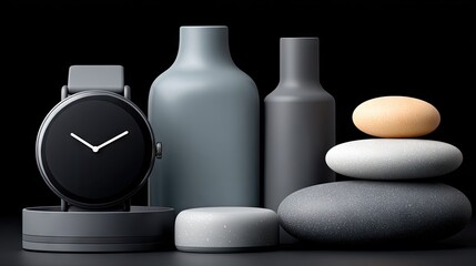 A minimalist arrangement of modern objects and balanced stones.