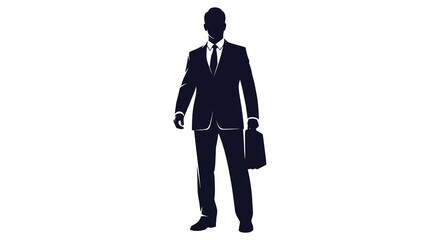 A sharply dressed businessman stands formally holding a briefcase presented as a striking silhouette