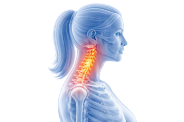 Female side profile anatomy highlighting cervical spine neck pain vertebrae skeletal structure medical illustration isolated on white background