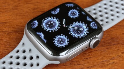 Smartwatch displays virus graphics with timekeeping function.