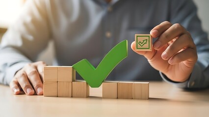 The concept of business goals achievement and success confirmed by a large green checkmark