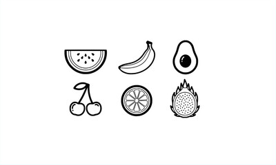 Vector icon set of fresh tropical fruits in black outline style. Includes illustrations of watermelon slice, banana, avocado, cherries, citrus slice, and dragon fruit (pitaya). Simple line art design 