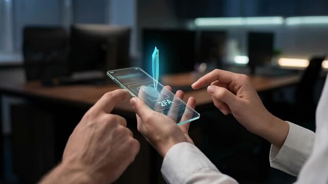 Two people using smartphone with digital shield fingerprint for secure authentication and two