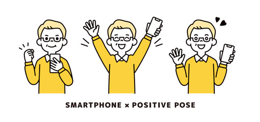 スマートフォンを手に、ポジティブな表情・ポーズをするおじいさんのベクターイラスト素材セット