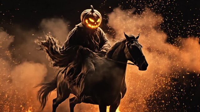 Pumpkin-headed rider in a tattered cloak rides a black horse thru glowing embers and smoke at night