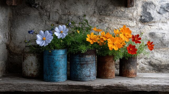Rustic metal tin can planters with cosmos and marigolds, displayed on an old wooden shelf against the backdrop of weathered stone walls, creating a charming country ambiance in home decor photography. - Powered by Adobe
