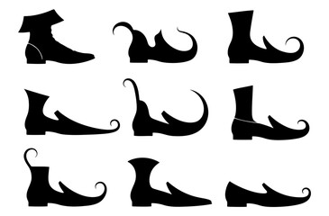 Medieval and fantasy elf shoes black silhouette vector set