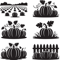 Black silhouettes of pumpkins and pumpkin patches with fences