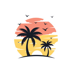 Tropical Sunset Silhouette: Palm Trees, Birds, and Ocean Horizon