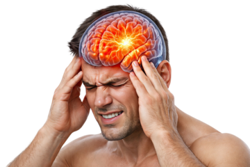 Human male head anatomy showing severe headache migraine brain inflammation pain medical illustration isolated on white background