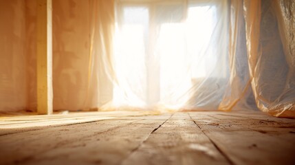 spackle. Interior of a room under renovation, spackle droplets on floor with sunlight through plastic sheet. real-estate listings.